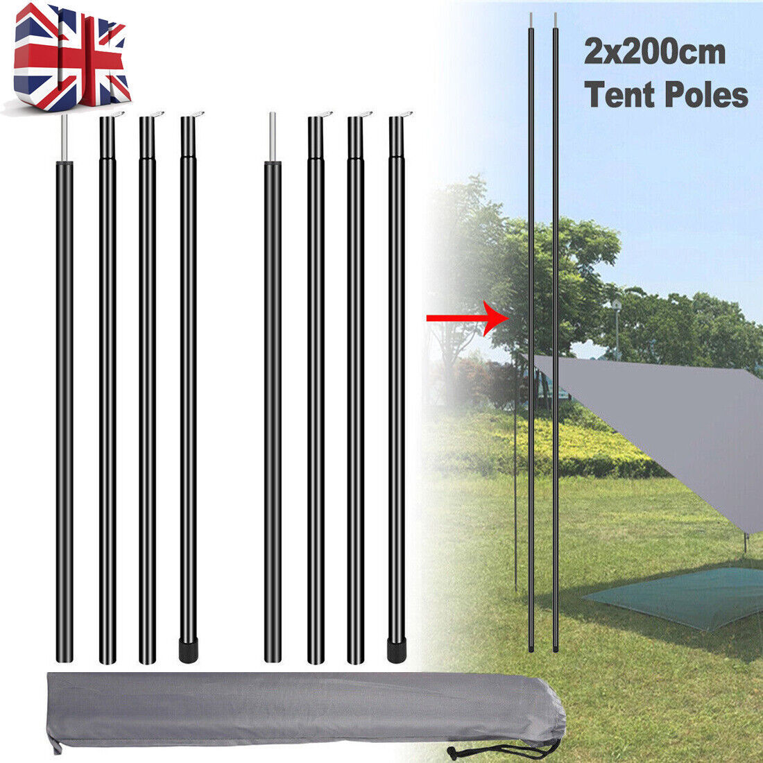 2x200cm Universal Telescopic and adjustable Steel poles for Awnings, Canopy’s and Tarps
