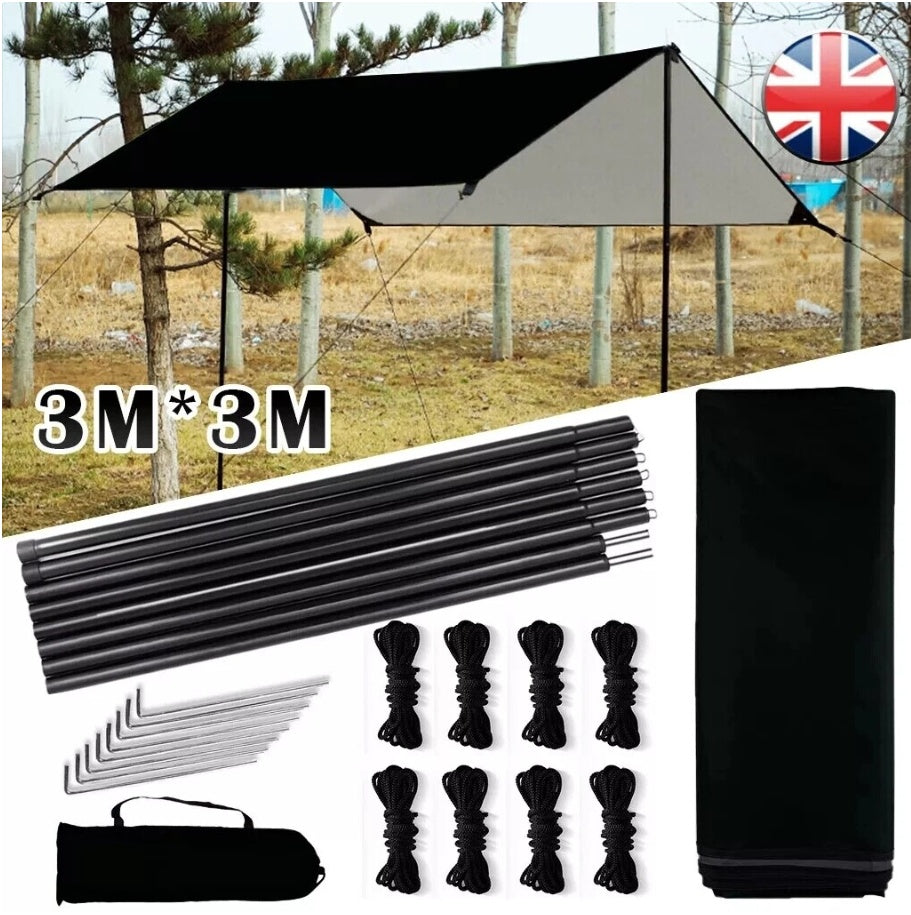 3x3 M Tarpaulin Waterproof Camping Tarp Shelter Tent Awning With Poles Kit UK